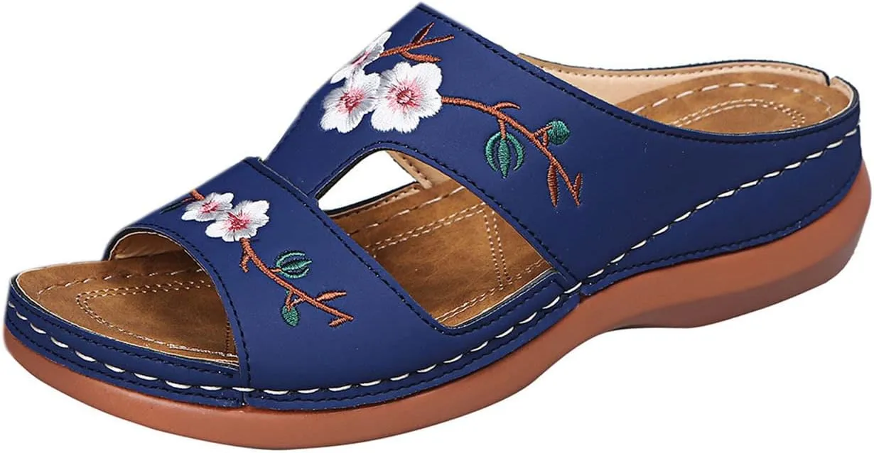 Womens Wedge Sandals Summer Dressy Open Toe Embroidered Wedges, Comfortable Walking Low Sandals Casual Slip on Orthopedic Sandal Slippers All Day Comfort