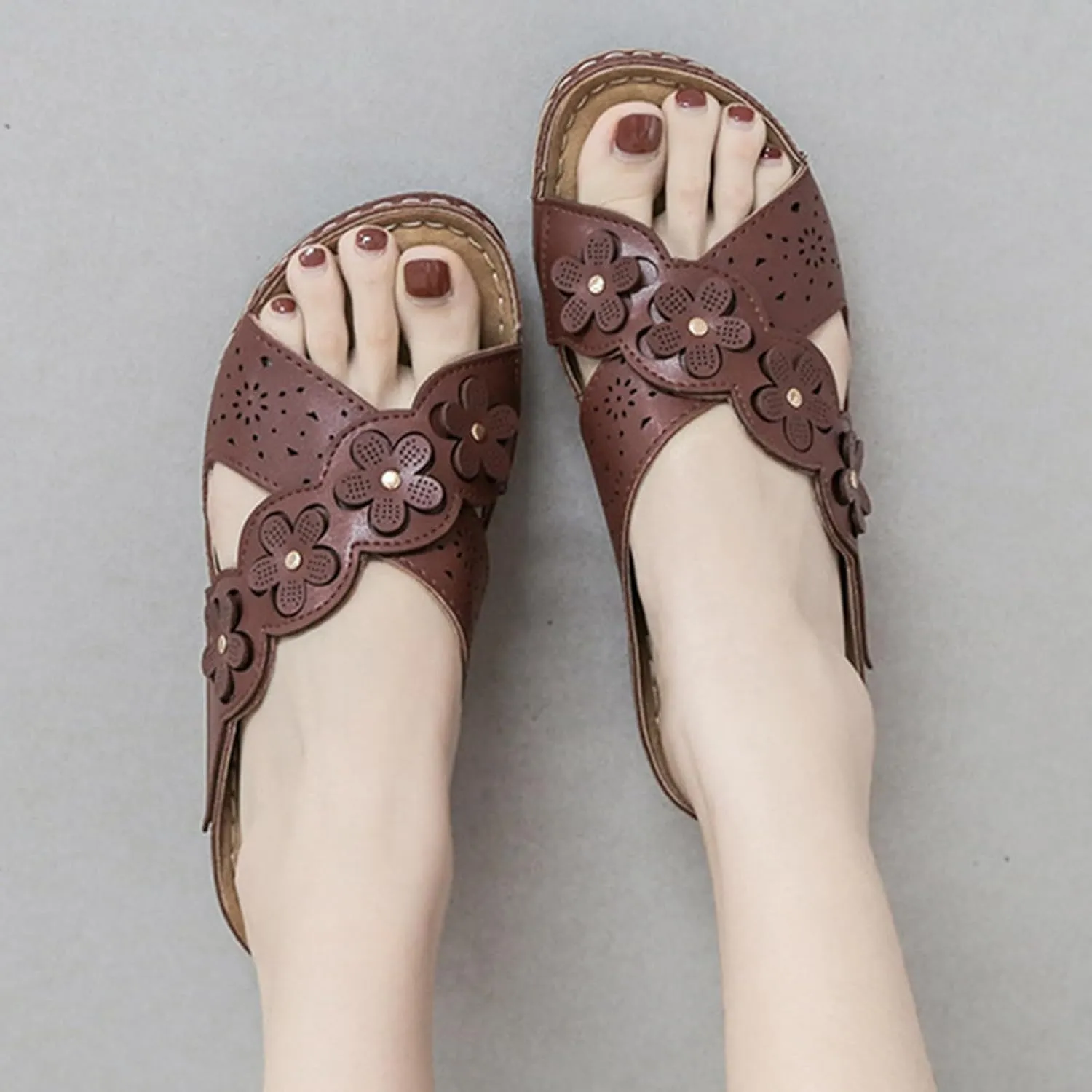 Womens Wedge Sandals Summer Flower Orthopedic Sandals for Women, Comfortable Open Toe Cross Strap Platform Wedges, Casual Slip on Walking Slippers with Arch support