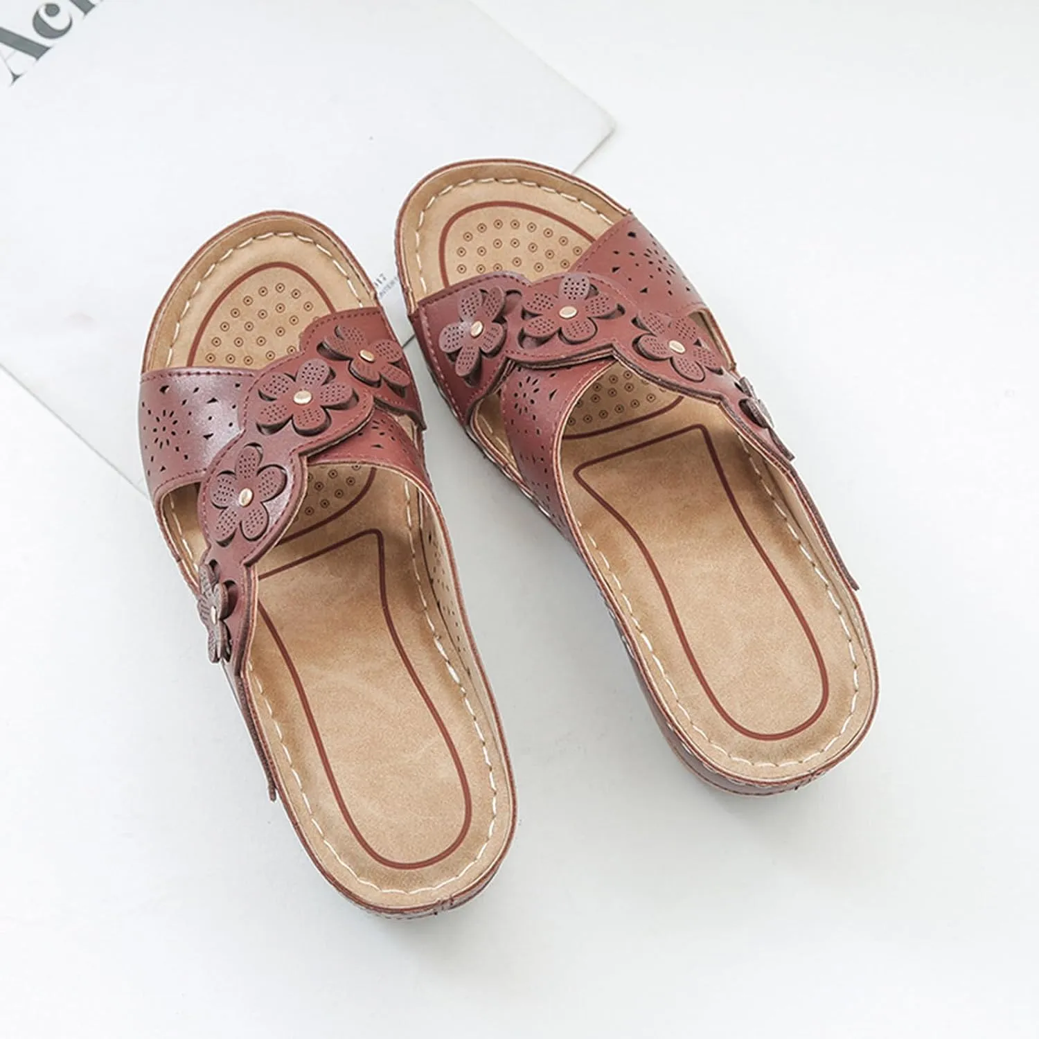 Womens Wedge Sandals Summer Flower Orthopedic Sandals for Women, Comfortable Open Toe Cross Strap Platform Wedges, Casual Slip on Walking Slippers with Arch support