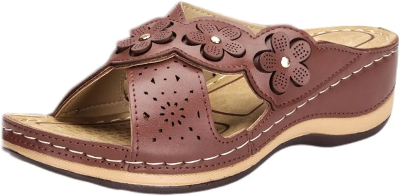 Womens Wedge Sandals Summer Flower Orthopedic Sandals for Women, Comfortable Open Toe Cross Strap Platform Wedges, Casual Slip on Walking Slippers with Arch support