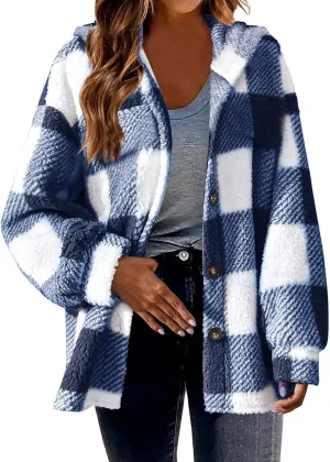 Womens Winter Coats Warm Plush Hooded Jackets Zip Up Button Cardigan Trendy Plaid Fleece Fuzzy Outerwear
