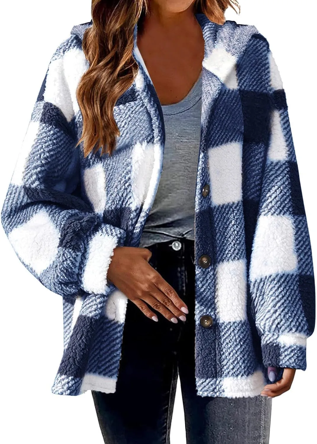 Womens Winter Coats Warm Plush Hooded Jackets Zip Up Button Cardigan Trendy Plaid Fleece Fuzzy Outerwear