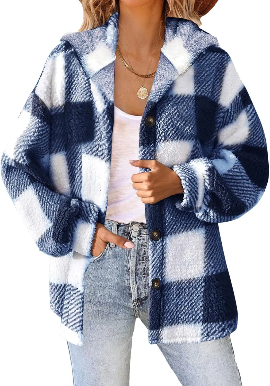 Womens Winter Coats Warm Plush Hooded Jackets Zip Up Button Cardigan Trendy Plaid Fleece Fuzzy Outerwear