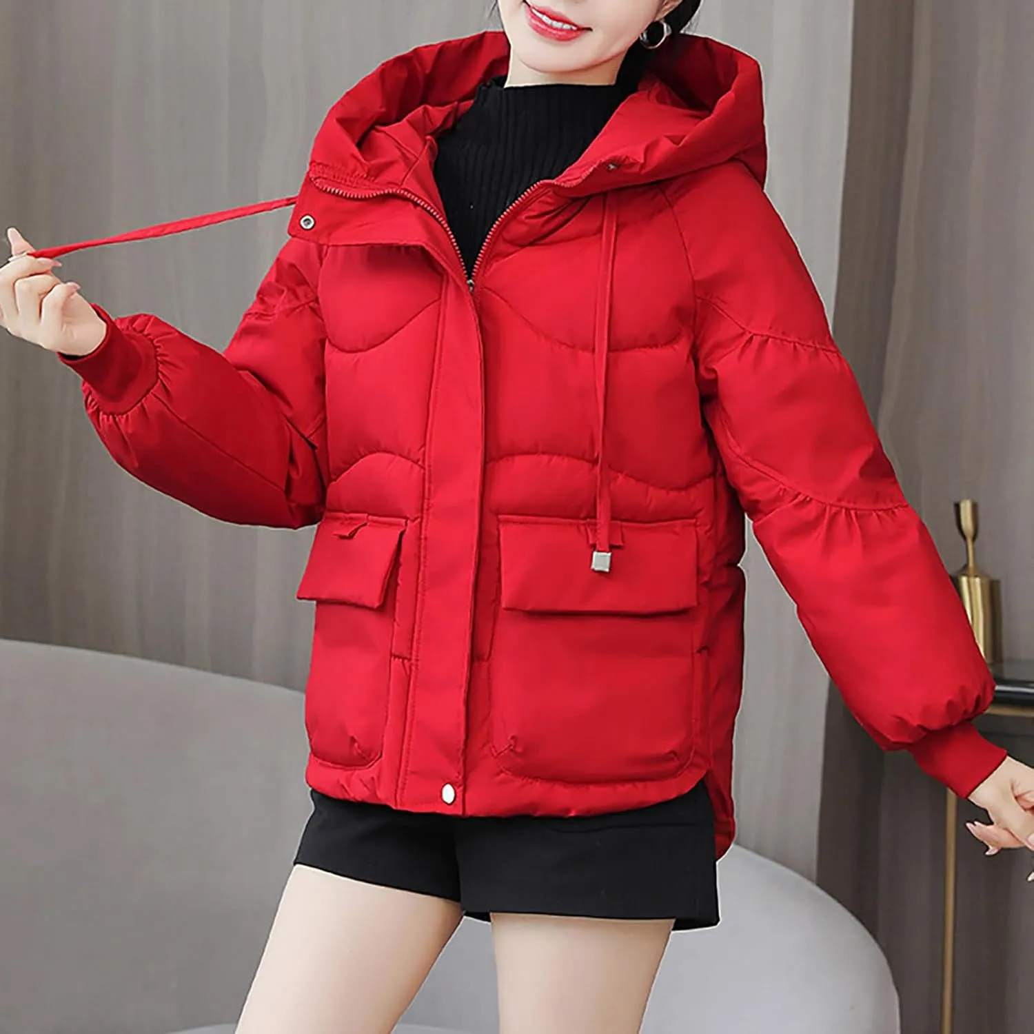 Womens Winter Down Jacket Warm Padded Wadded Jackets High-Neck Hooded Puffer Coats Outerwear with Pockets