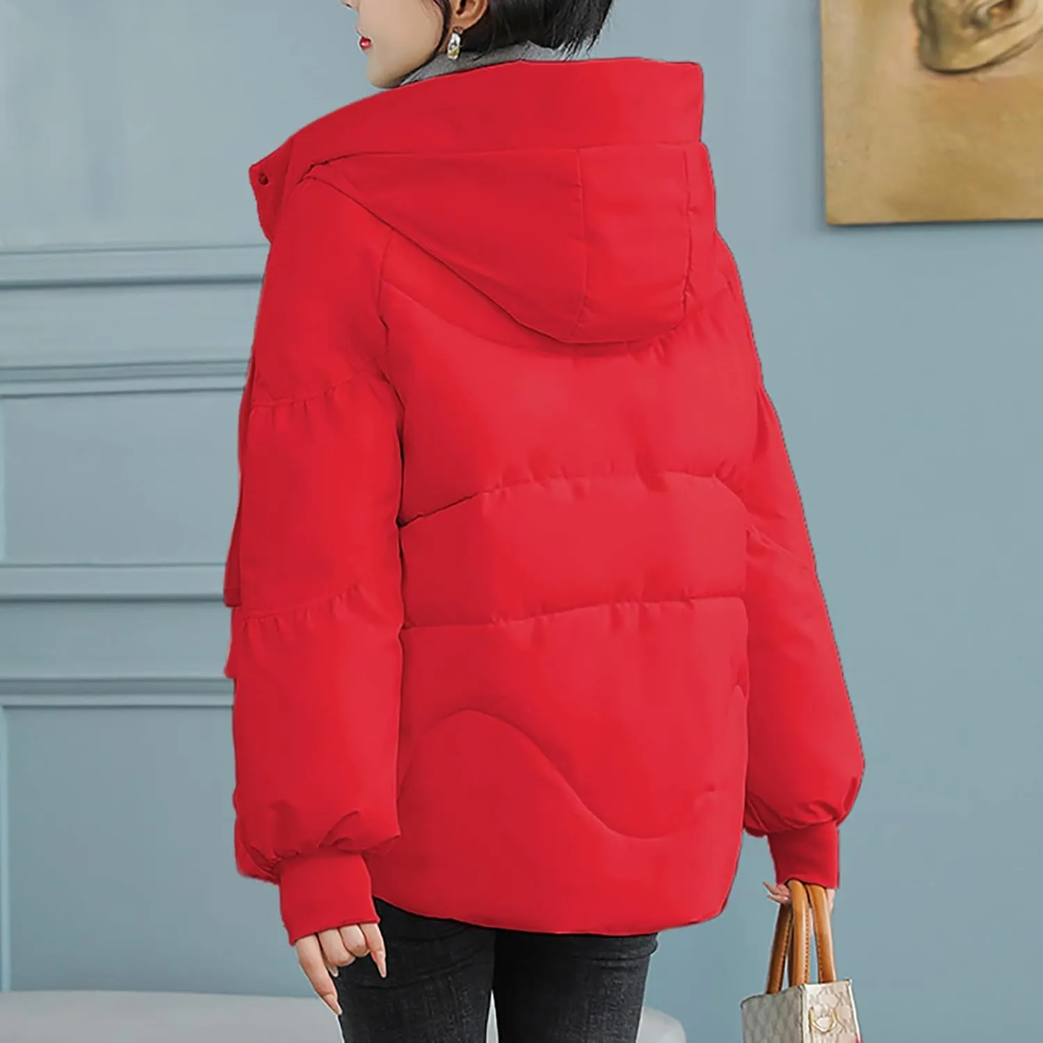 Womens Winter Down Jacket Warm Padded Wadded Jackets High-Neck Hooded Puffer Coats Outerwear with Pockets