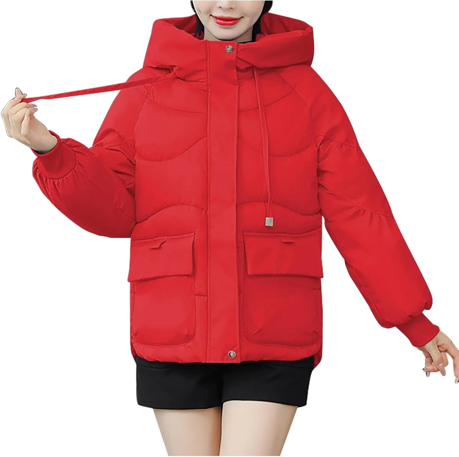 Womens Winter Down Jacket Warm Padded Wadded Jackets High-Neck Hooded Puffer Coats Outerwear with Pockets