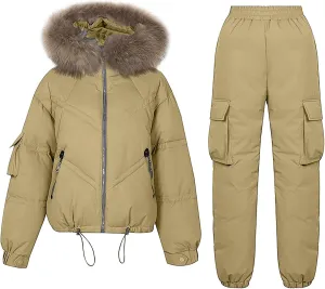 Women's Winter Outfits Thickened Warm Puffer Jackets Cotton Cargo Pants Two Piece Sets Outdoor Snow Hooded Down Coats
