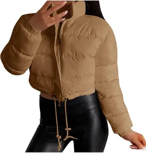 Womens Winter Short Coats Turtleneck Puffer Jackets Sexy Crop Casual Solid Color Padded Wadded Down Coat Top