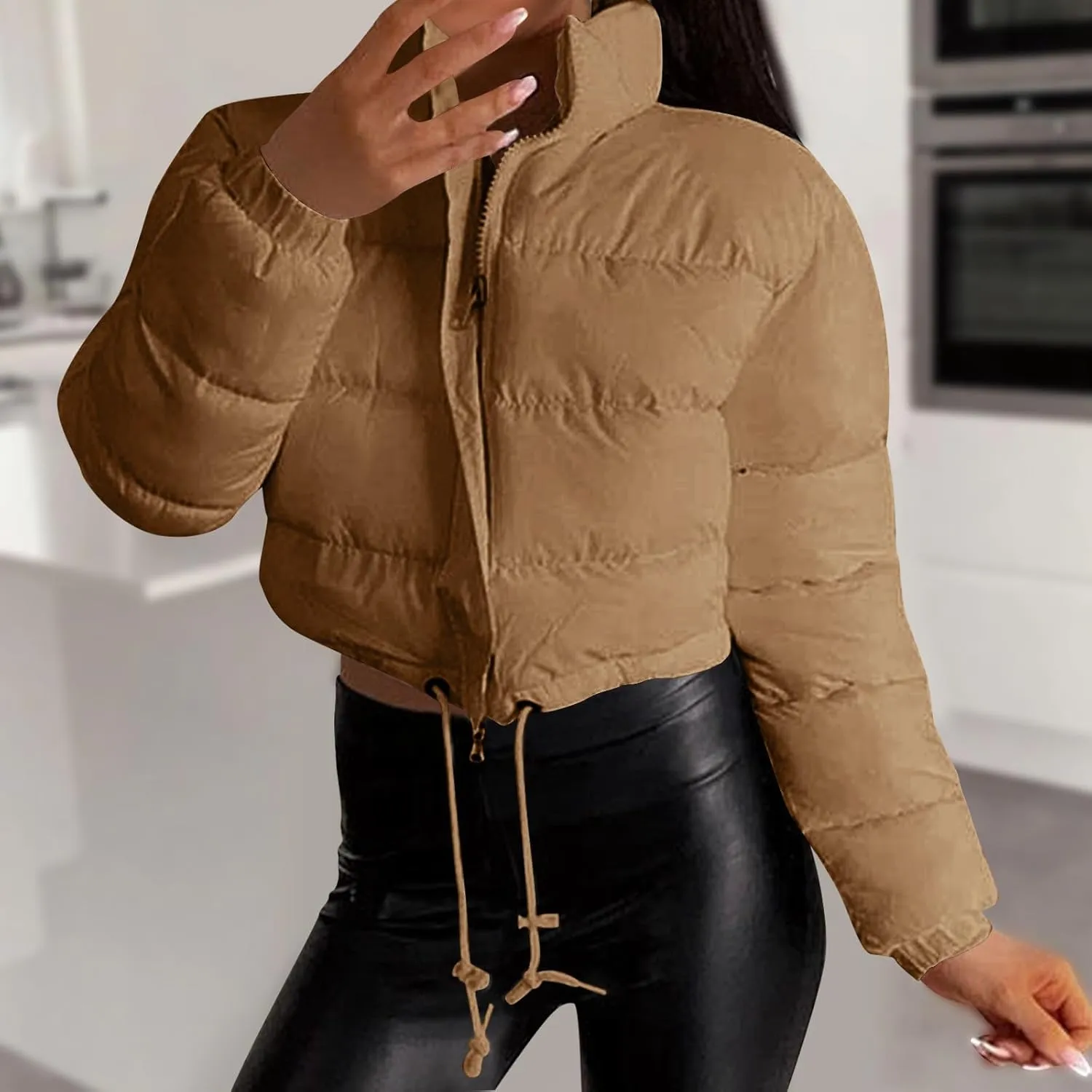 Womens Winter Short Coats Turtleneck Puffer Jackets Sexy Crop Casual Solid Color Padded Wadded Down Coat Top