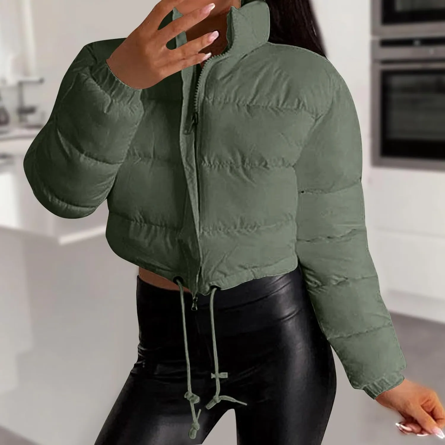 Womens Winter Short Coats Turtleneck Puffer Jackets Sexy Crop Casual Solid Color Padded Wadded Down Coat Top