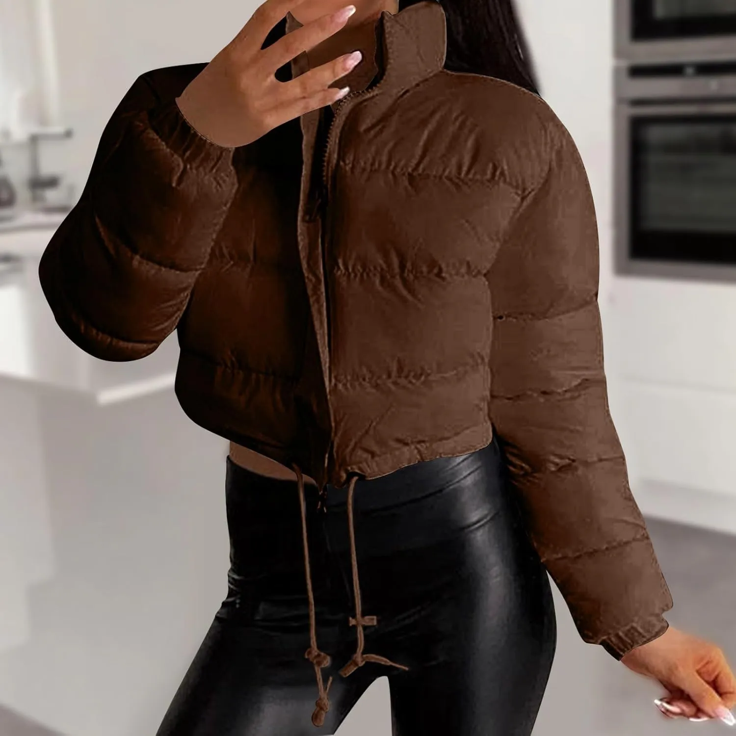 Womens Winter Short Coats Turtleneck Puffer Jackets Sexy Crop Casual Solid Color Padded Wadded Down Coat Top