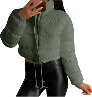 Womens Winter Short Coats Turtleneck Puffer Jackets Sexy Crop Casual Solid Color Padded Wadded Down Coat Top