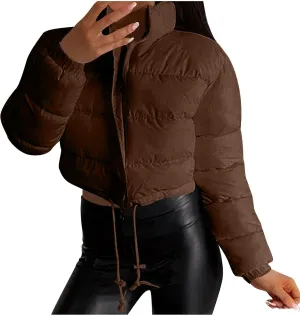 Womens Winter Short Coats Turtleneck Puffer Jackets Sexy Crop Casual Solid Color Padded Wadded Down Coat Top