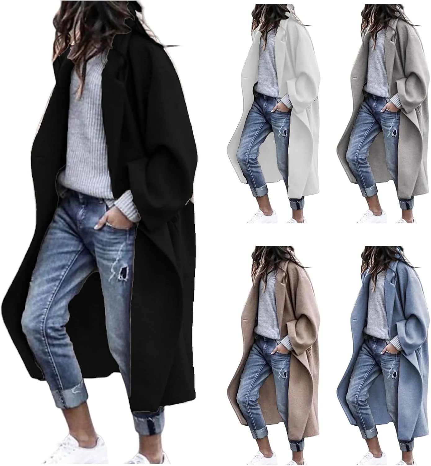 Womens Winter Wool Coat Notched Collar Trench Coats Single Breast Jacket Long Sleeve Midi Sweater Coat