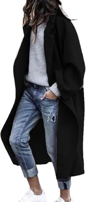 Womens Winter Wool Coat Notched Collar Trench Coats Single Breast Jacket Long Sleeve Midi Sweater Coat