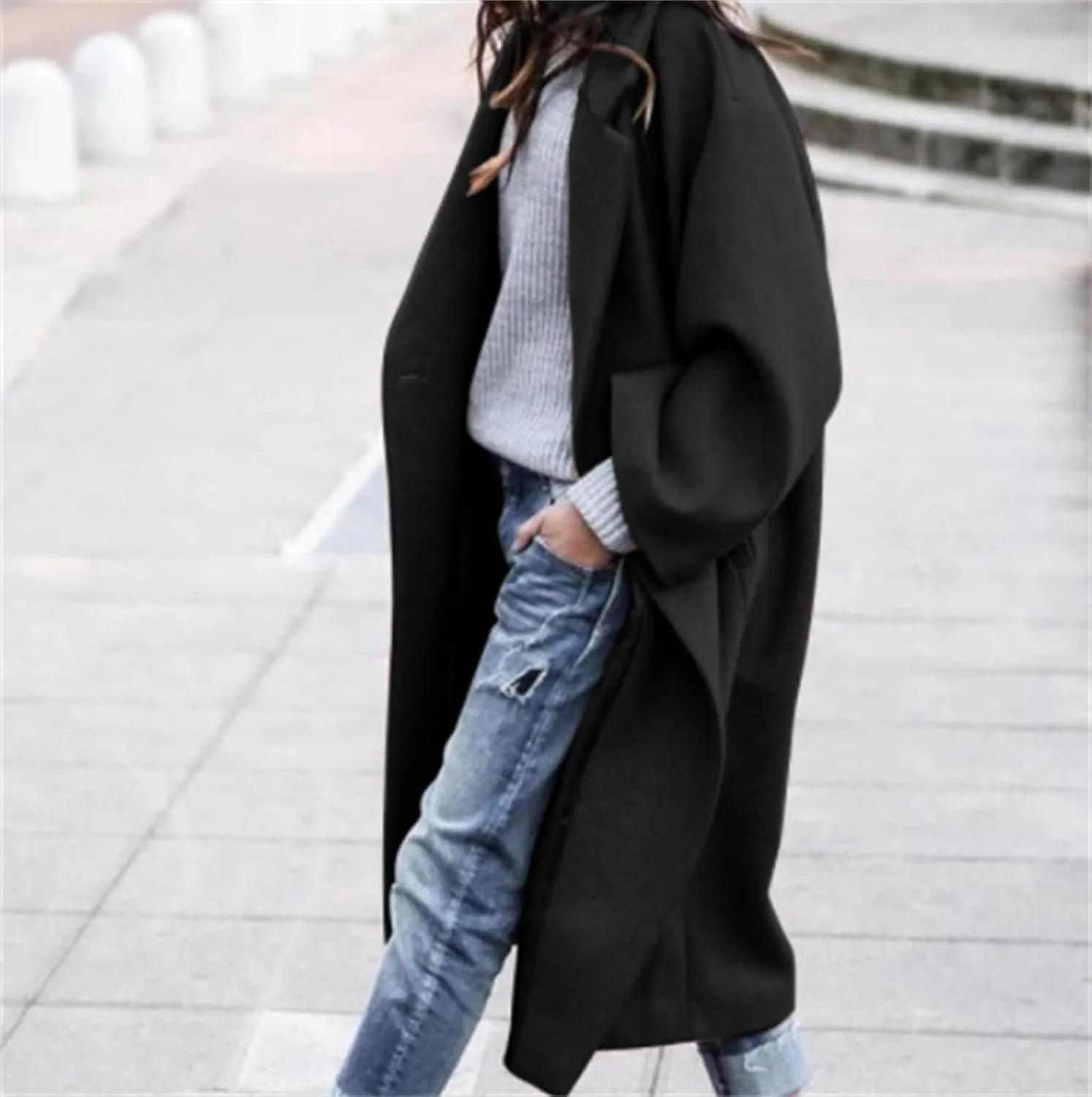 Womens Winter Wool Coat Notched Collar Trench Coats Single Breast Jacket Long Sleeve Midi Sweater Coat
