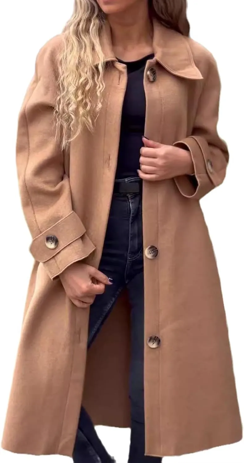 Womens Wool Blend Coat Button Down Long Sleeve Jackets Winter Lapel Open Front Coats Trendy Trench Coat