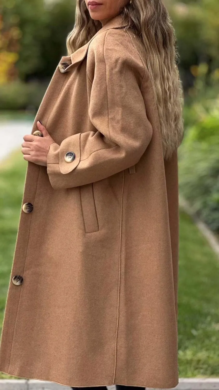 Womens Wool Blend Coat Button Down Long Sleeve Jackets Winter Lapel Open Front Coats Trendy Trench Coat