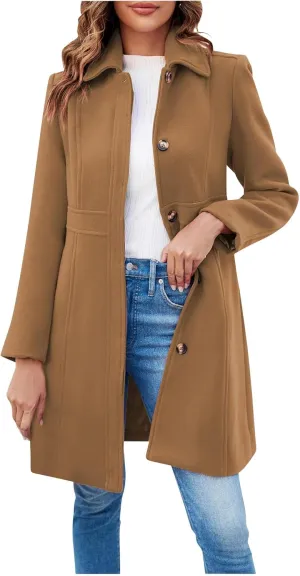Womens Wool Coat Women's Wool Peacoat Single Breasted Notched Collar Trench Coat Fall Winter Fashion Mid-Length Outerwear Long Jackets Brown Small