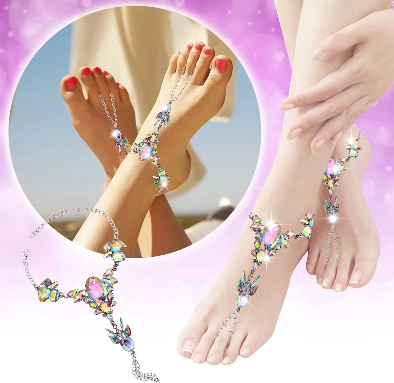 Woven Bracelet Bling Rhinestone Barefoot Sandals Gold Crystal Anklet Diamond Anklets Foot Chain Beach Feet Jewelry for Women Beach Bracelet Anklets of The Rings English (Multicolor, One Size)