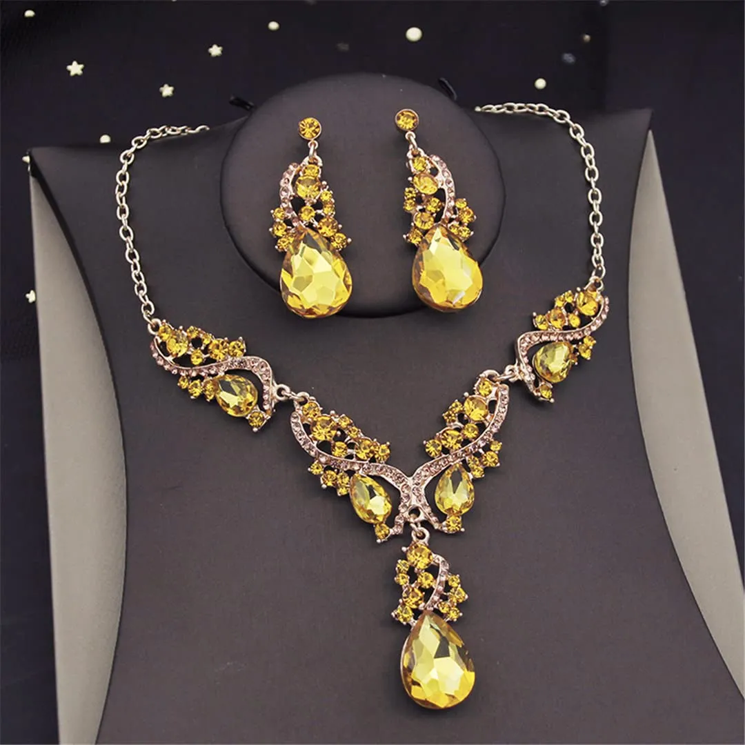 Wvapzxx Yellow Crystal Rhinestone Bridal Jewelry Sets For Women Bride Choker Necklace Earrings Wedding Jewelry Set