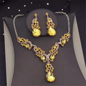 Wvapzxx Yellow Crystal Rhinestone Bridal Jewelry Sets For Women Bride Choker Necklace Earrings Wedding Jewelry Set
