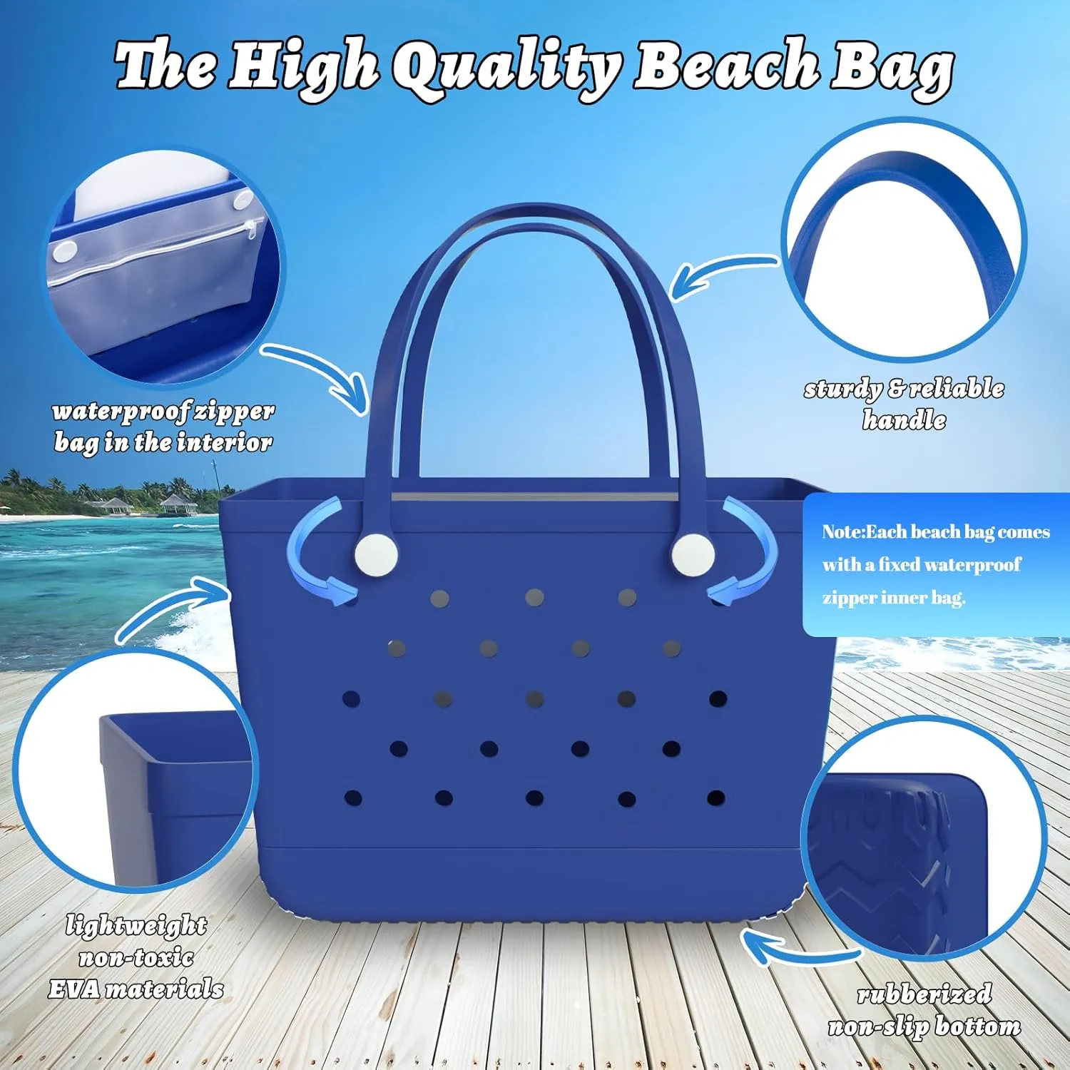 X-Large Beach Tote, Waterproof Zipper Inner Bag, Washable Durable Rubber Tote, Leisure and Storage Bag