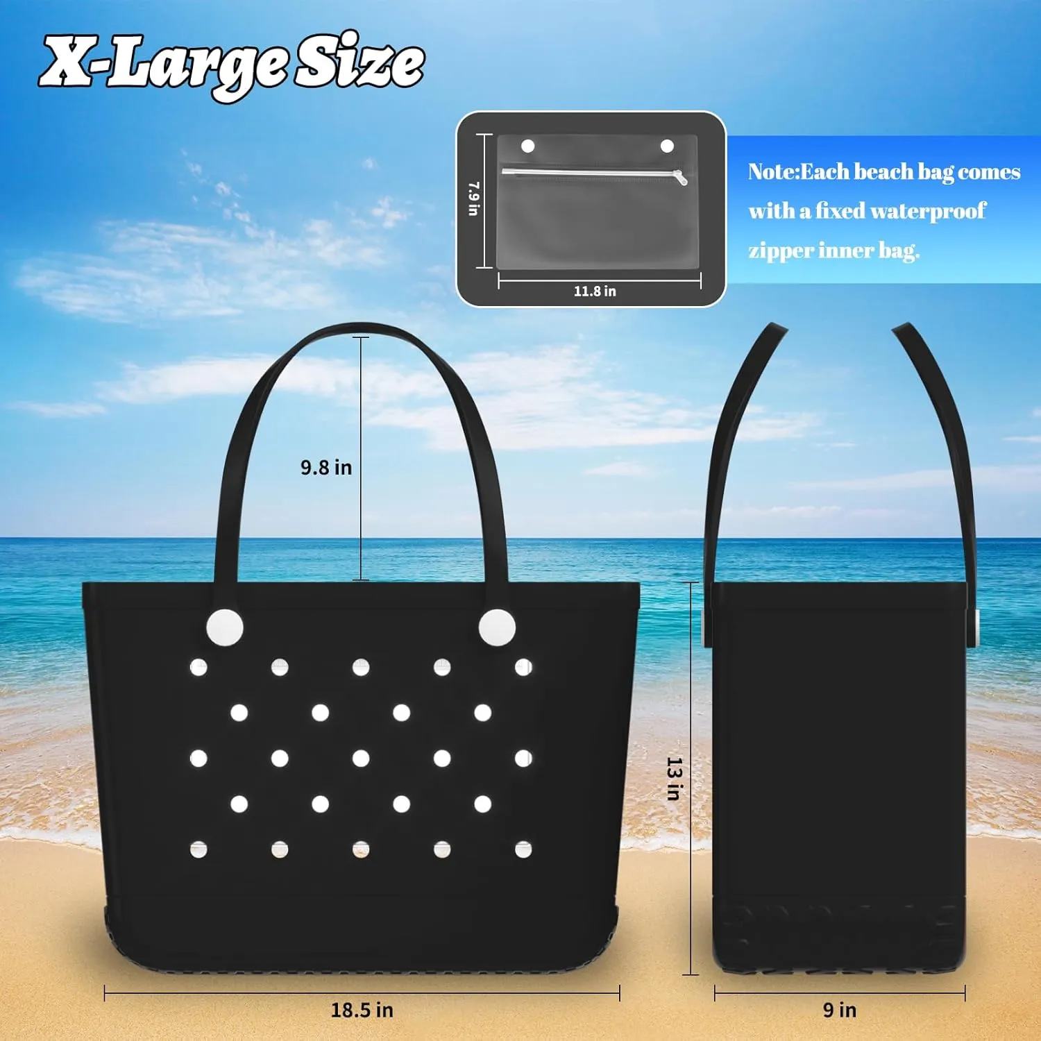 X-Large Beach Tote, Waterproof Zipper Inner Bag, Washable Durable Rubber Tote, Leisure and Storage Bag