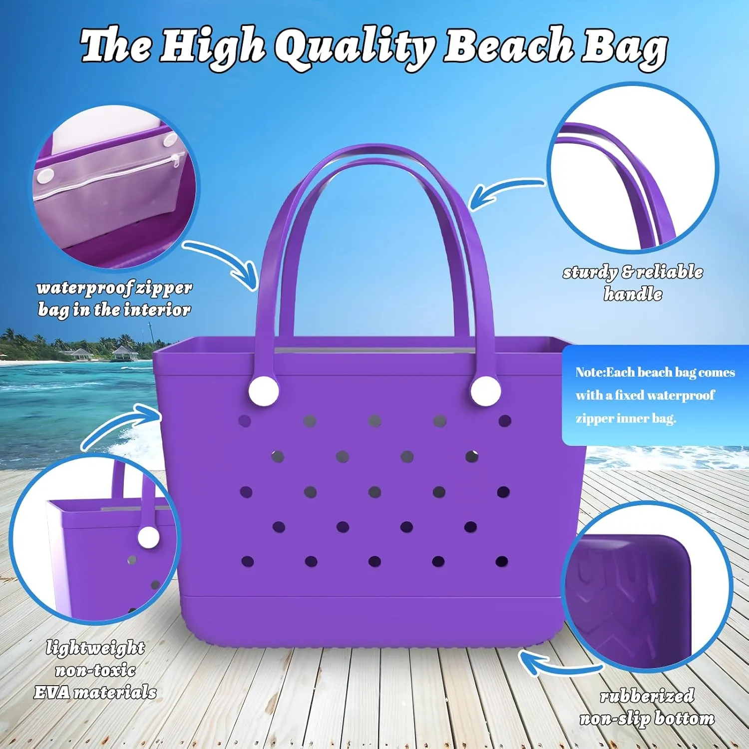 X-Large Beach Tote, Waterproof Zipper Inner Bag, Washable Durable Rubber Tote, Leisure and Storage Bag