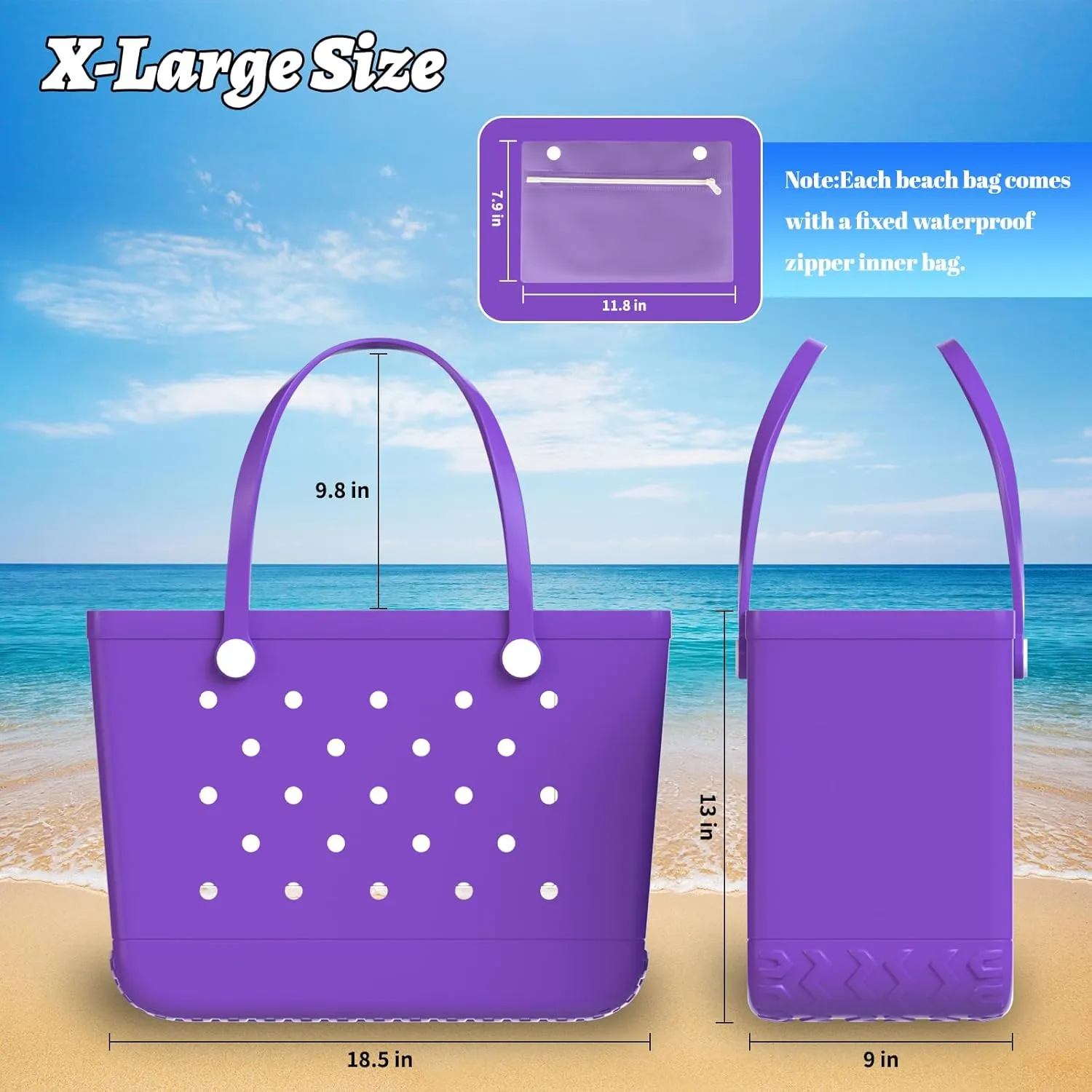 X-Large Beach Tote, Waterproof Zipper Inner Bag, Washable Durable Rubber Tote, Leisure and Storage Bag
