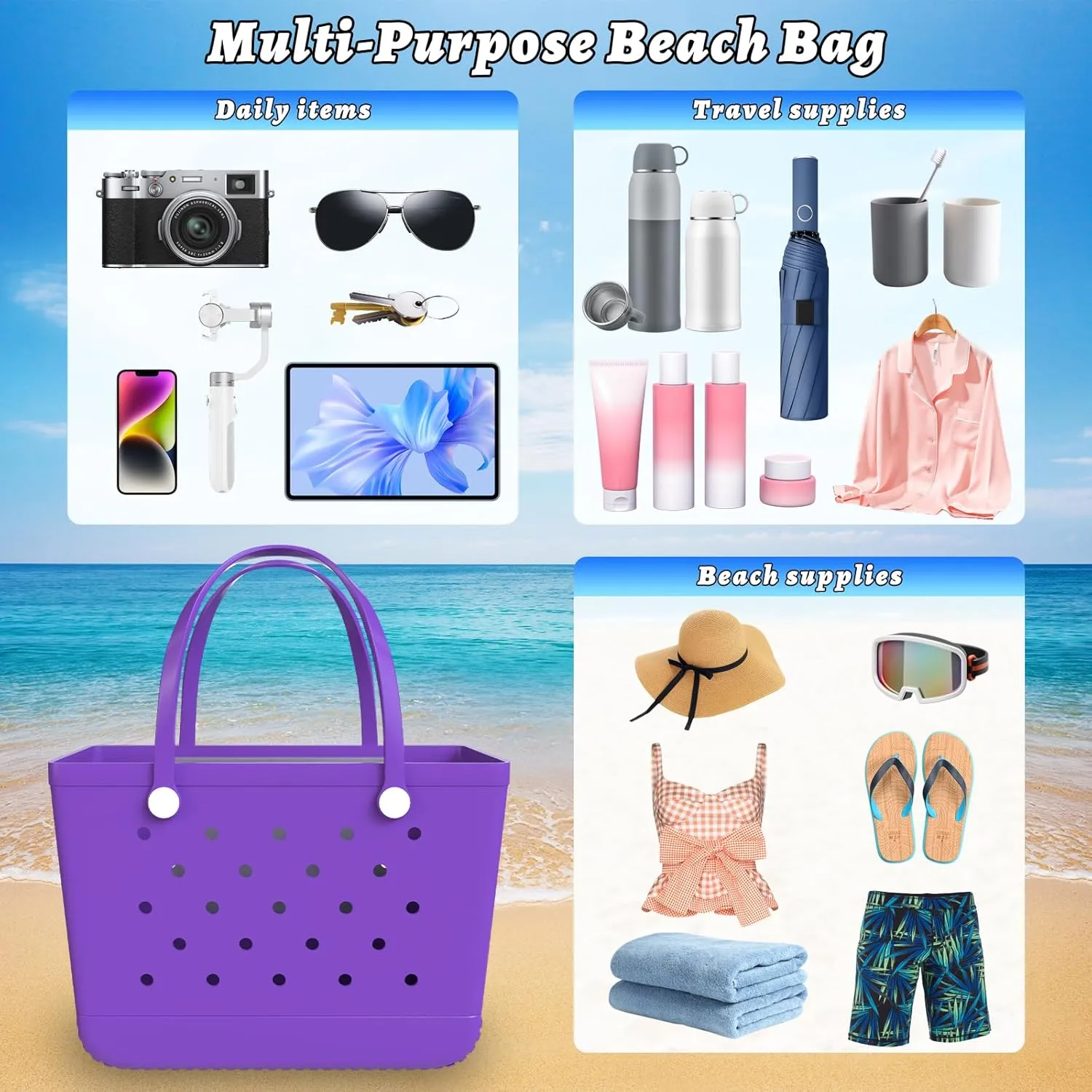 X-Large Beach Tote, Waterproof Zipper Inner Bag, Washable Durable Rubber Tote, Leisure and Storage Bag