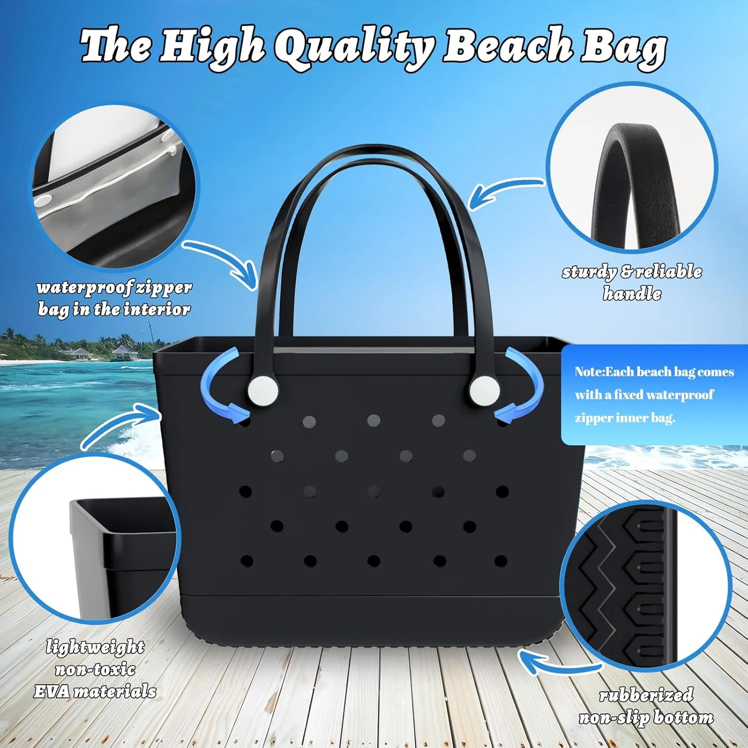 X-Large Beach Tote, Waterproof Zipper Inner Bag, Washable Durable Rubber Tote, Leisure and Storage Bag