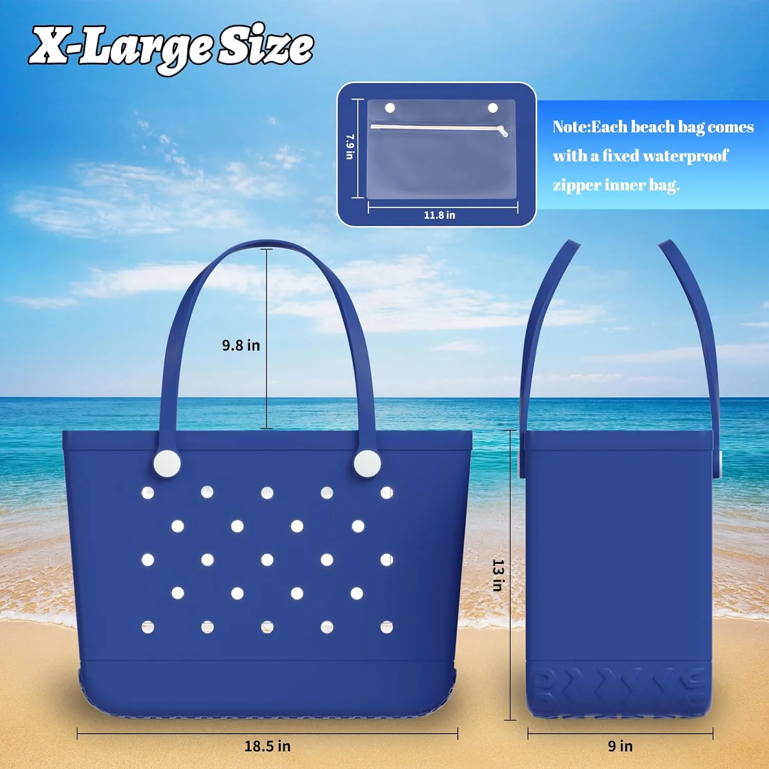 X-Large Beach Tote, Waterproof Zipper Inner Bag, Washable Durable Rubber Tote, Leisure and Storage Bag