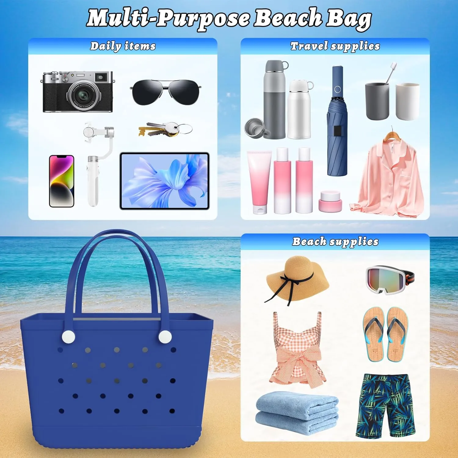 X-Large Beach Tote, Waterproof Zipper Inner Bag, Washable Durable Rubber Tote, Leisure and Storage Bag