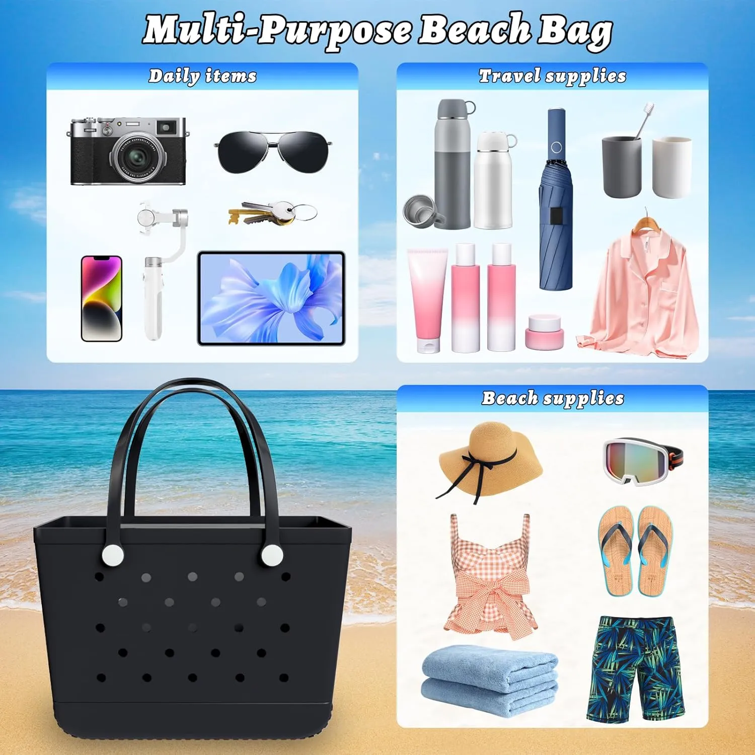 X-Large Beach Tote, Waterproof Zipper Inner Bag, Washable Durable Rubber Tote, Leisure and Storage Bag