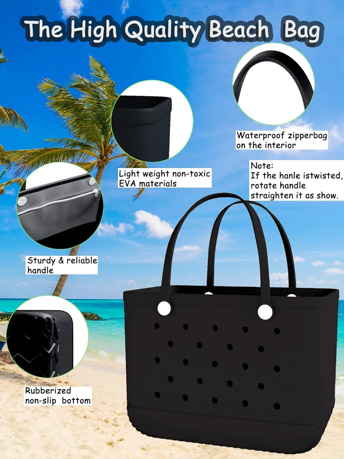 X-Large Rubber Beach Bag Travel Tote Bag with Waterproof Zipper Pocket, Washable Durable Rubber Beach Tote Mom gift