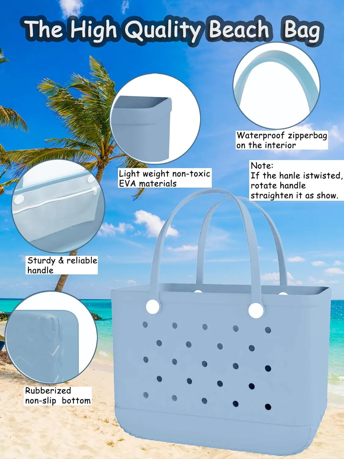 X-Large Rubber Beach Bag Travel Tote Bag with Waterproof Zipper Pocket, Washable Durable Rubber Beach Tote Mom gift