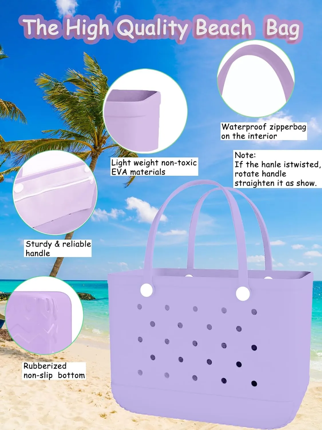 X-Large Rubber Beach Bag Travel Tote Bag with Waterproof Zipper Pocket, Washable Durable Rubber Beach Tote Mom gift