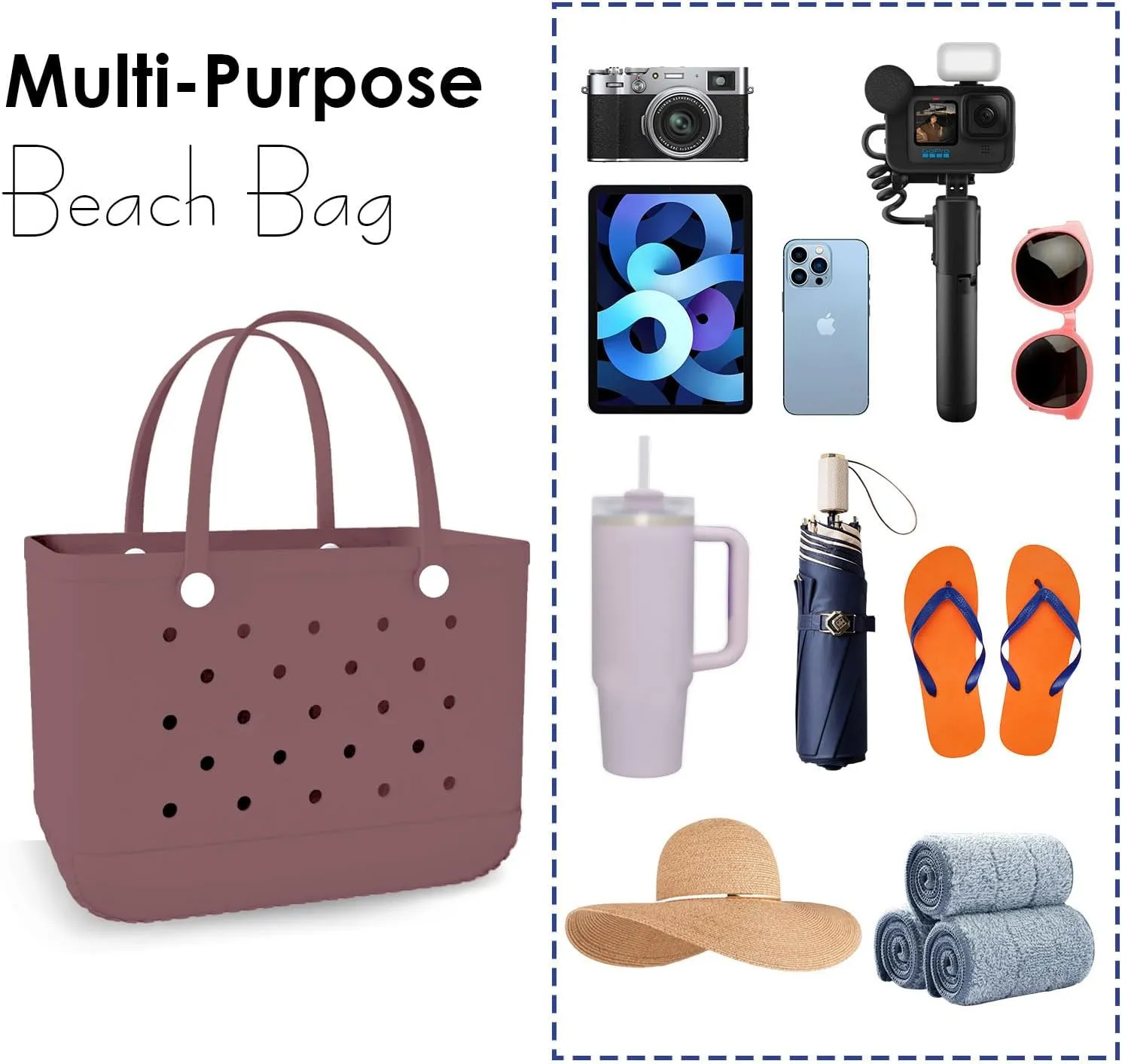 X-Large Rubber Beach Bag Travel Tote Bag with Waterproof Zipper Pocket, Washable Durable Rubber Beach Tote Mom gift