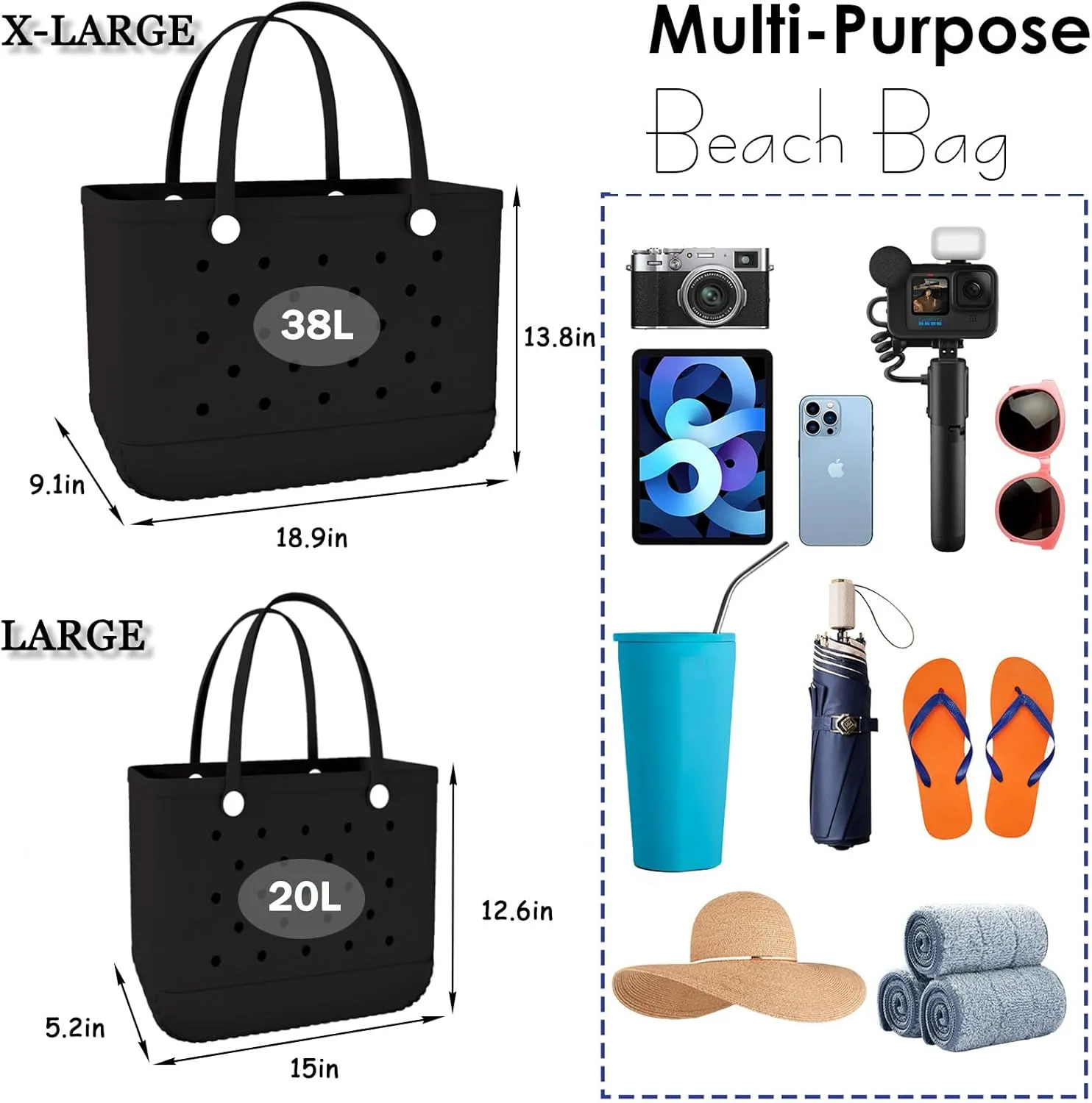 X-Large Rubber Beach Bag Travel Tote Bag with Waterproof Zipper Pocket, Washable Durable Rubber Beach Tote Mom gift