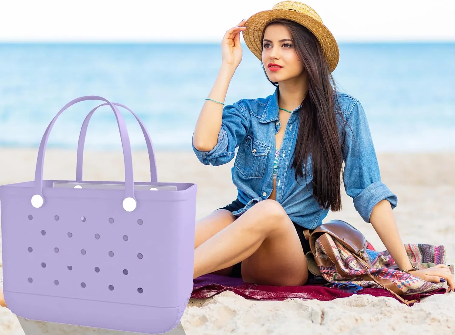 X-Large Rubber Beach Bag Travel Tote Bag with Waterproof Zipper Pocket, Washable Durable Rubber Beach Tote Mom gift