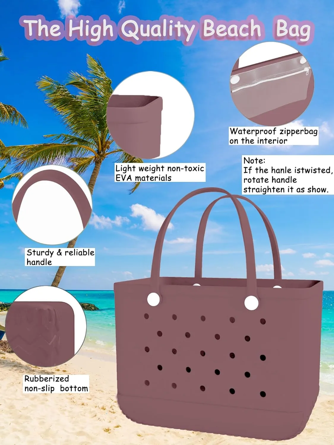 X-Large Rubber Beach Bag Travel Tote Bag with Waterproof Zipper Pocket, Washable Durable Rubber Beach Tote Mom gift