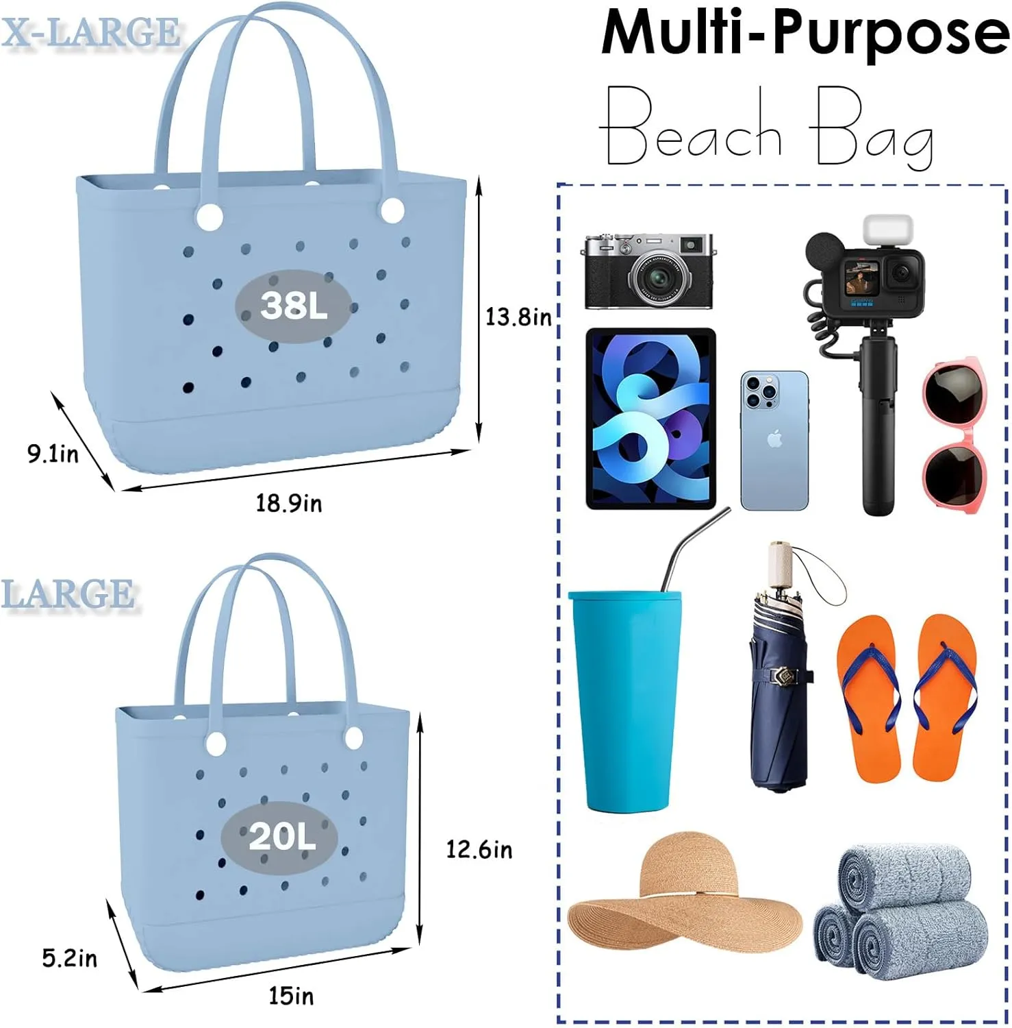 X-Large Rubber Beach Bag Travel Tote Bag with Waterproof Zipper Pocket, Washable Durable Rubber Beach Tote Mom gift