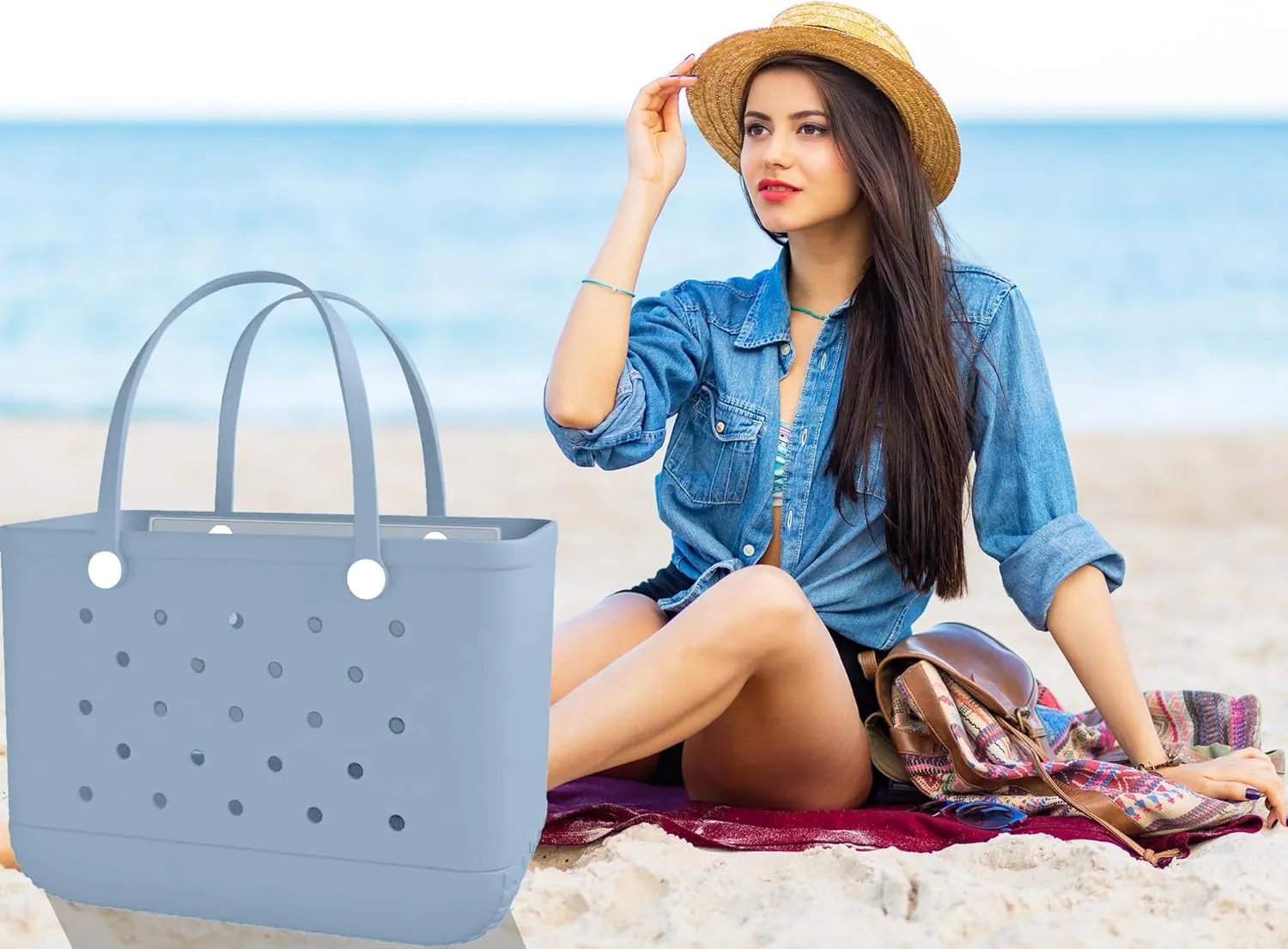 X-Large Rubber Beach Bag Travel Tote Bag with Waterproof Zipper Pocket, Washable Durable Rubber Beach Tote Mom gift