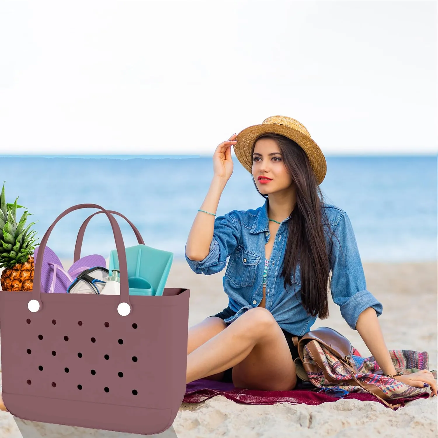 X-Large Rubber Beach Bag Travel Tote Bag with Waterproof Zipper Pocket, Washable Durable Rubber Beach Tote Mom gift