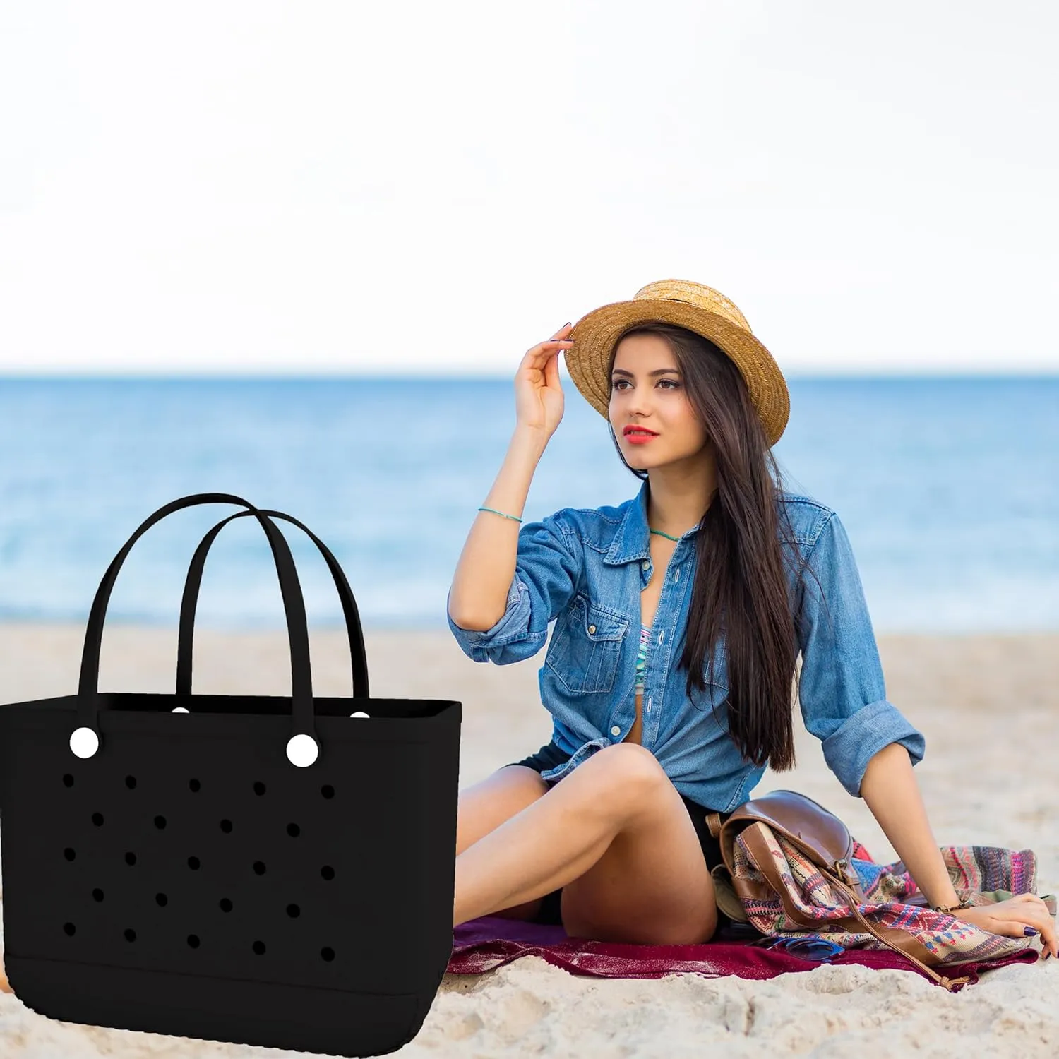 X-Large Rubber Beach Bag Travel Tote Bag with Waterproof Zipper Pocket, Washable Durable Rubber Beach Tote Mom gift