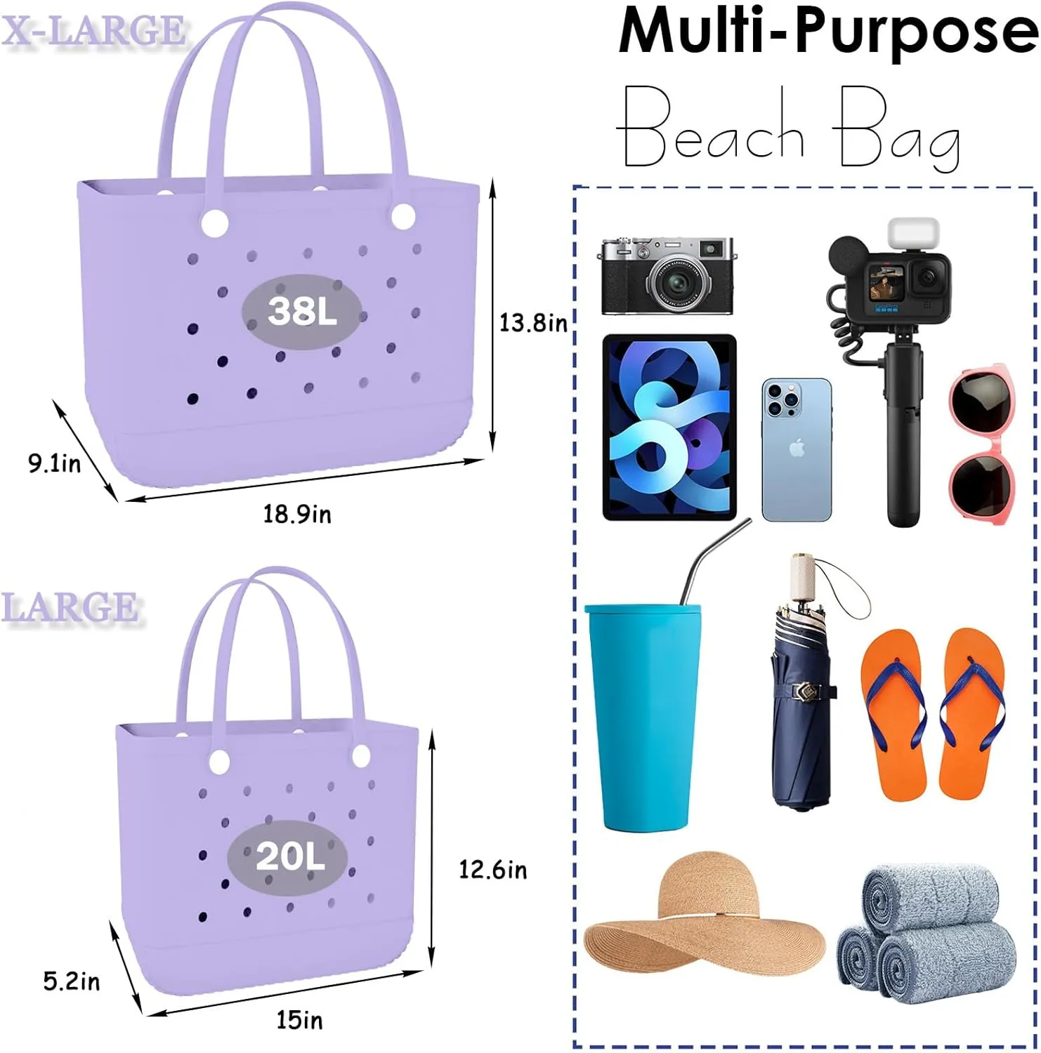 X-Large Rubber Beach Bag Travel Tote Bag with Waterproof Zipper Pocket, Washable Durable Rubber Beach Tote Mom gift