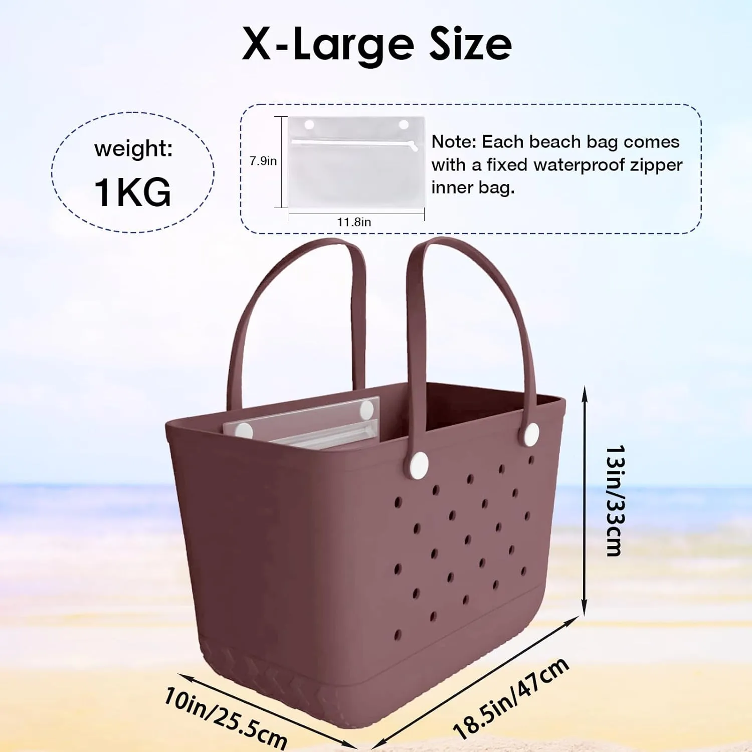 X-Large Rubber Beach Bag Travel Tote Bag with Waterproof Zipper Pocket, Washable Durable Rubber Beach Tote Mom gift