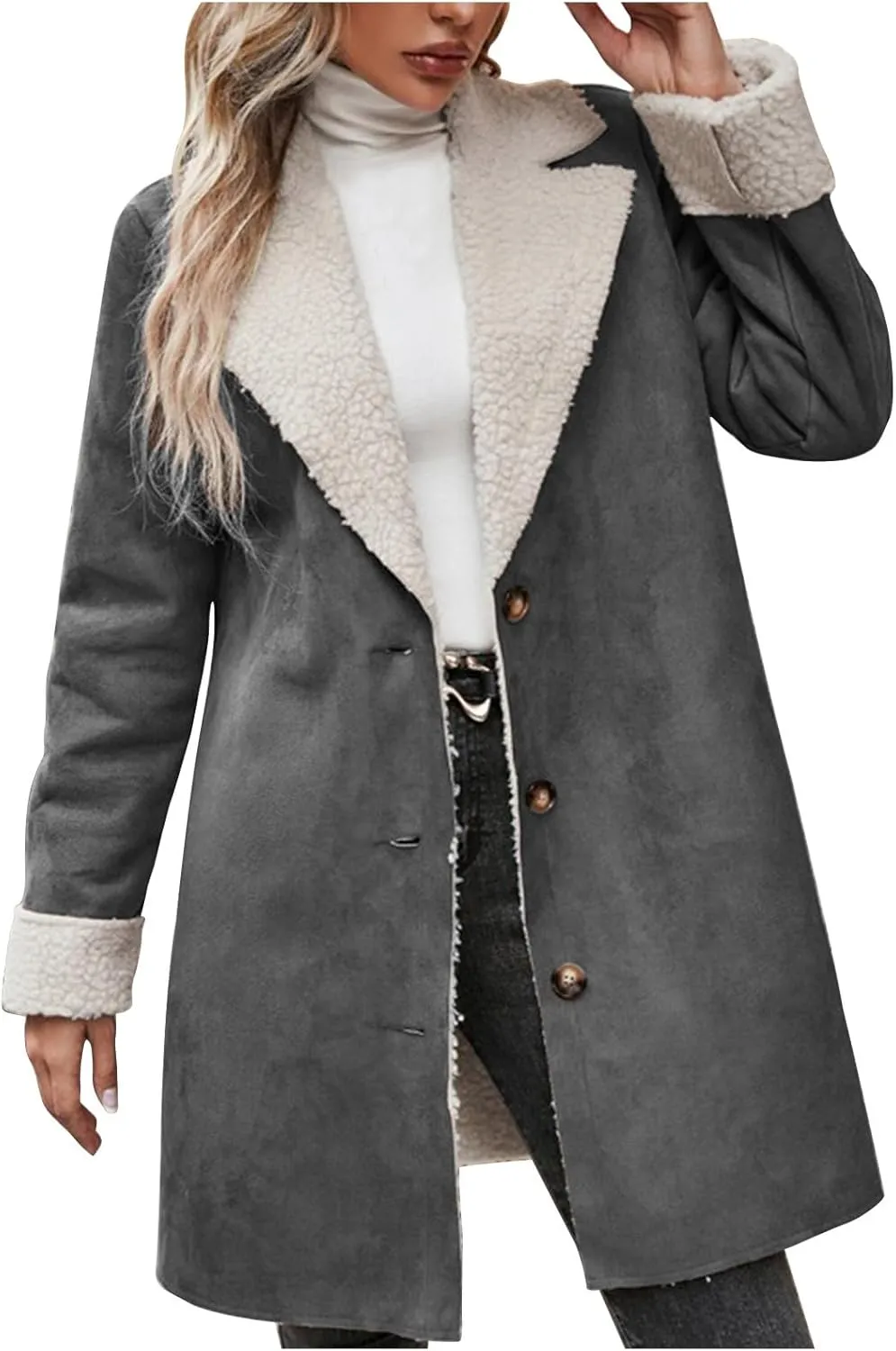 XUNRYAN Womens Trench Coat Long Faux Suede Leather Jackets Winter Cardigan Lightweight Sherpa Fleece Coat 2024 Fashion