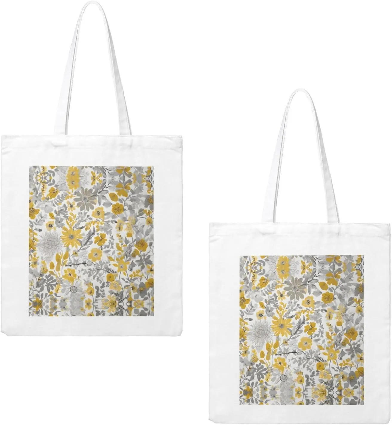 Yellow Gray Flower Print Canvas Shopping Bag Reusable Eco-Friendly Handbag With Large Capacity For Everyday Use